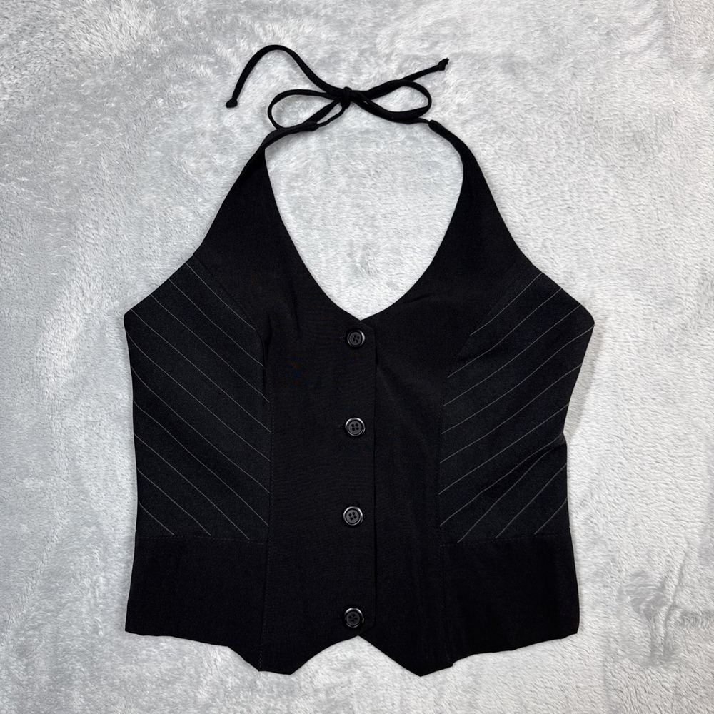 Vintage Rag Halter Top Women Small Black Button Pinstripe USA 90s Y2K